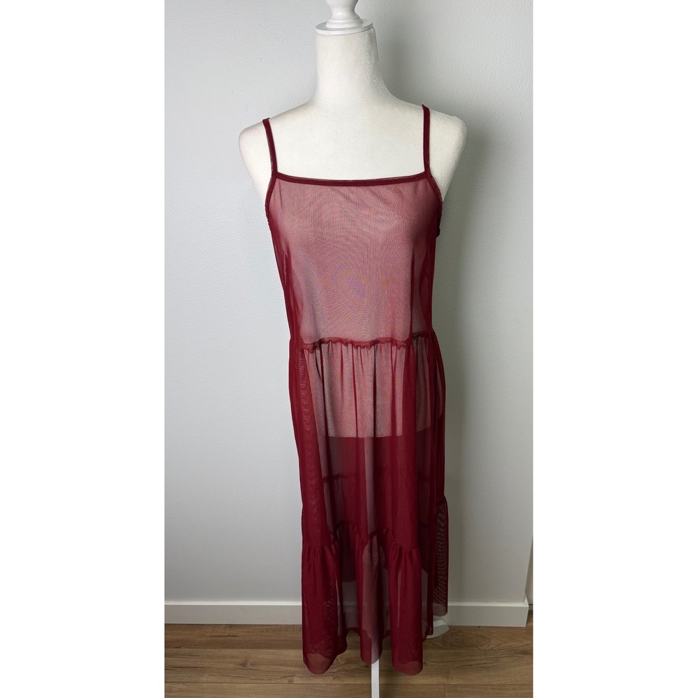 Urban Renewal Urban Outfitters Burgundy Sheer Mesh Tiered Midi Dress Size S/M
